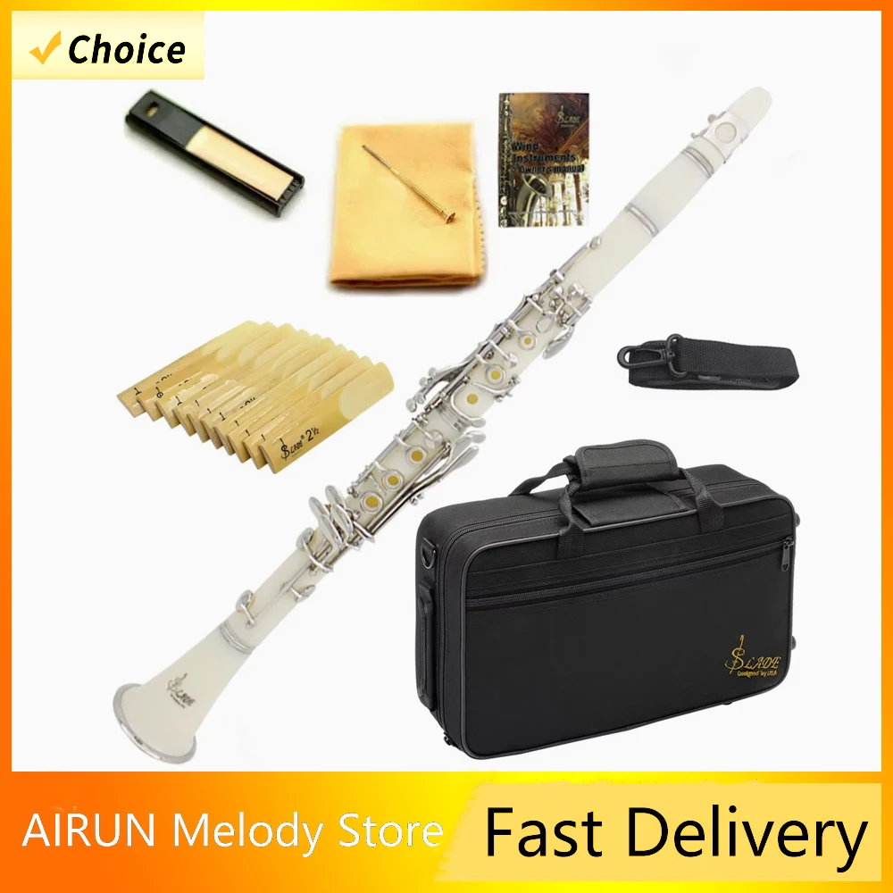 Clarinetto in Sib con 17 tasti in nichel, clarinetto bianco per principianti, fornito con 2 botti di pistola, guscio rigido e kit di pulizia per clarinetto