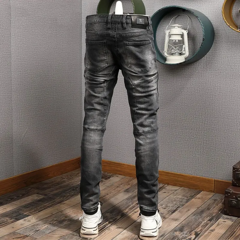 Men Dark Grey Washed Biker Jeans Spliced Panel Knee Design Stretch Slim Fit Hip Hop High Street Denim Jeanshombre