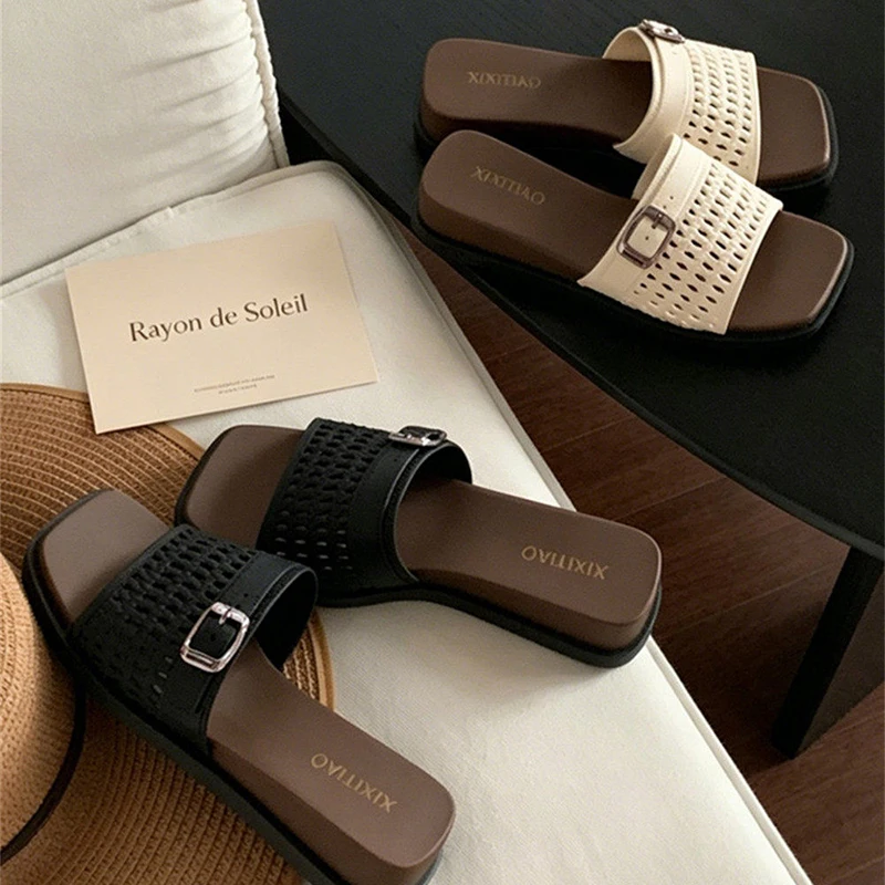 French Style Hollow Woven Sandals For Women Anti Slip Comfort Square Buckle Color Blocking Slides Summer Casual Flip Flops