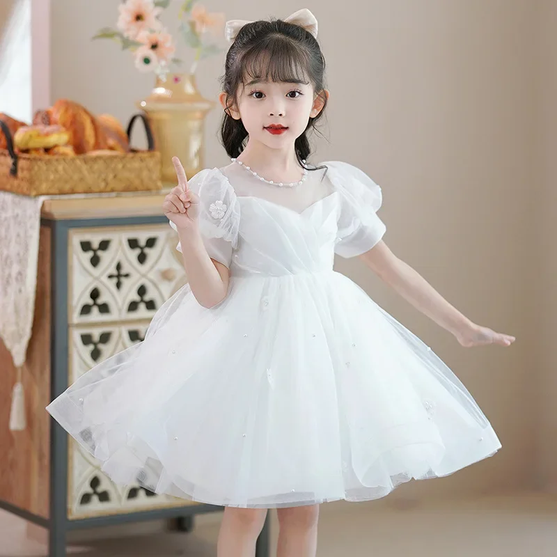 

2025Girls' Summer New Fashionable Holiday Performance Puff Sleeve Short Dress