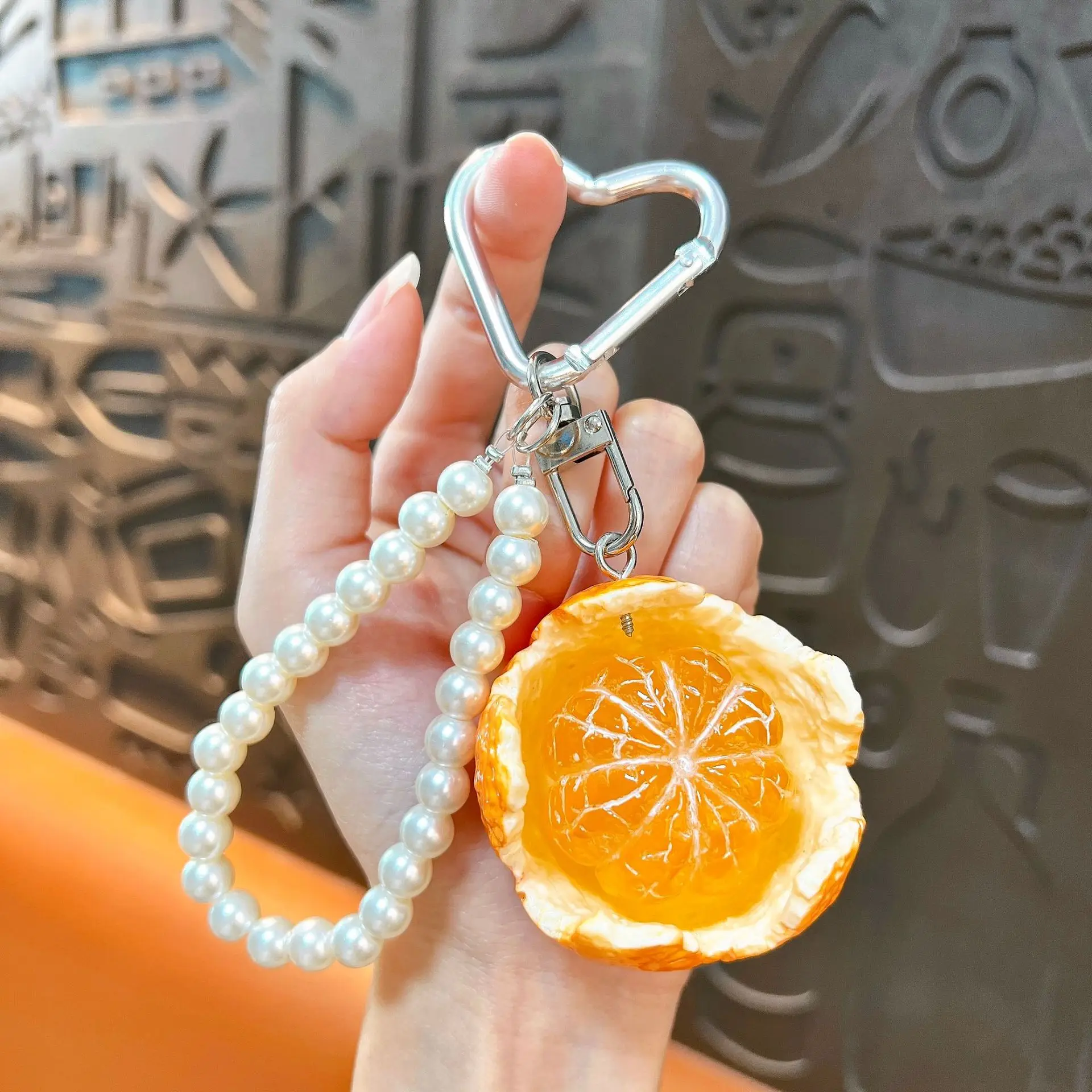 Cartoon Fruit Orange Keychain Pendant Orange Decorative Pearl Beaded Wind Chime Ornament Bag Charm Fashion Versatile Accessories