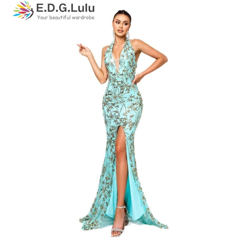 EDGLuLu العميق الخامس الرقبة بلا أكمام عالية الشق فستان عيد ميلاد امرأة مثير عارية الذراعين الترتر طباعة حفلة ثوب مسائي طويل 0623