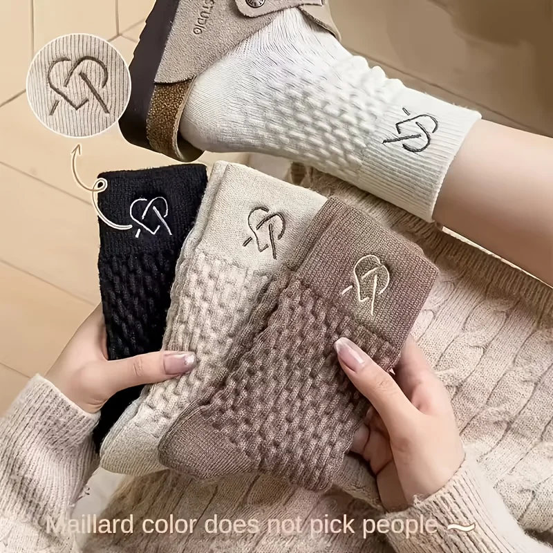 5 Pairs of Women'S Warm Winter Socks - Middle Tube Rib Design,Embossed Fried Dough Twists Women'S Versatile Warm Stockings