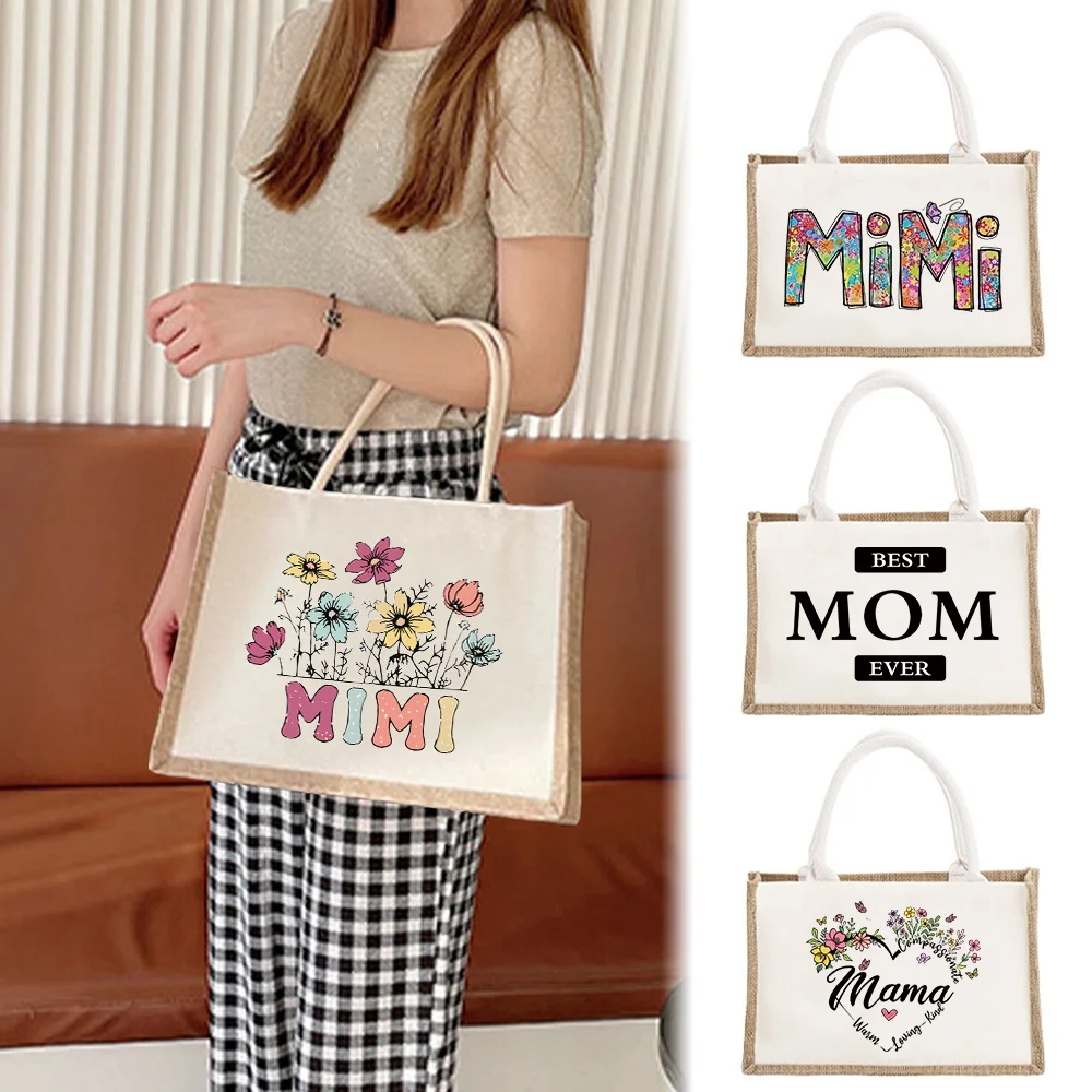 

Vintage Jute Bag Reusable Burlap Shopping Bag Lightweight Beach Handbags Print Mom Series High Capacity Grocery Bags