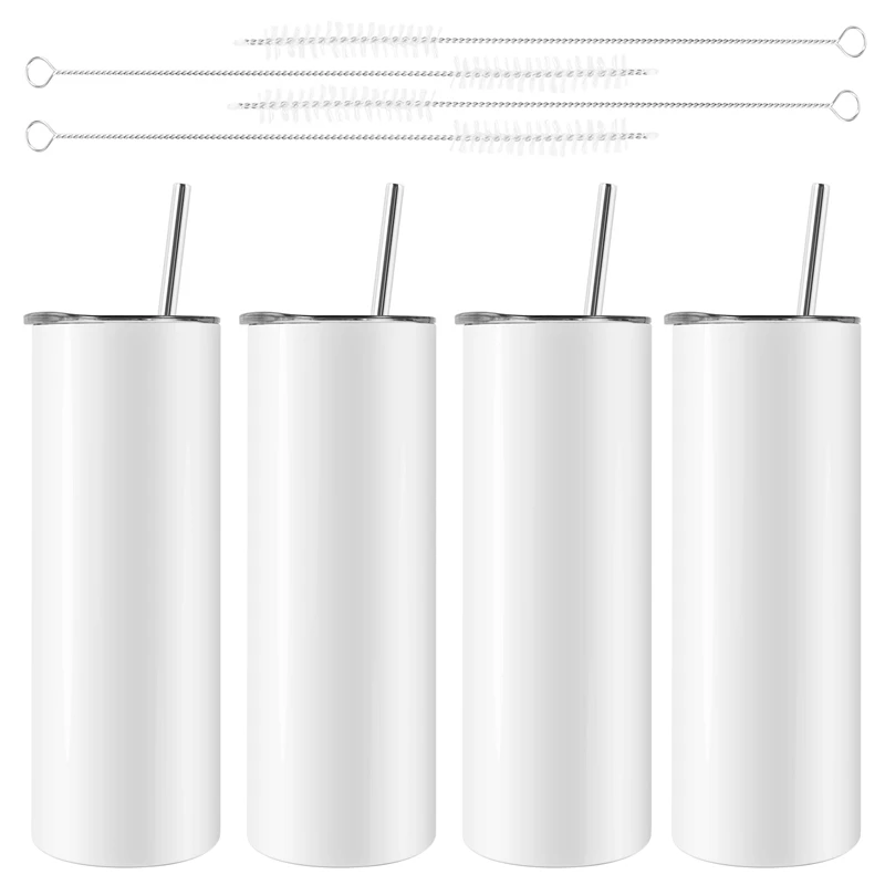 Sublimation Tumblers 20 Oz Skinny Straight,Stainless Steel Sublimation Blanks Skinny Tumbler,With Lid And Straw,4 Pack