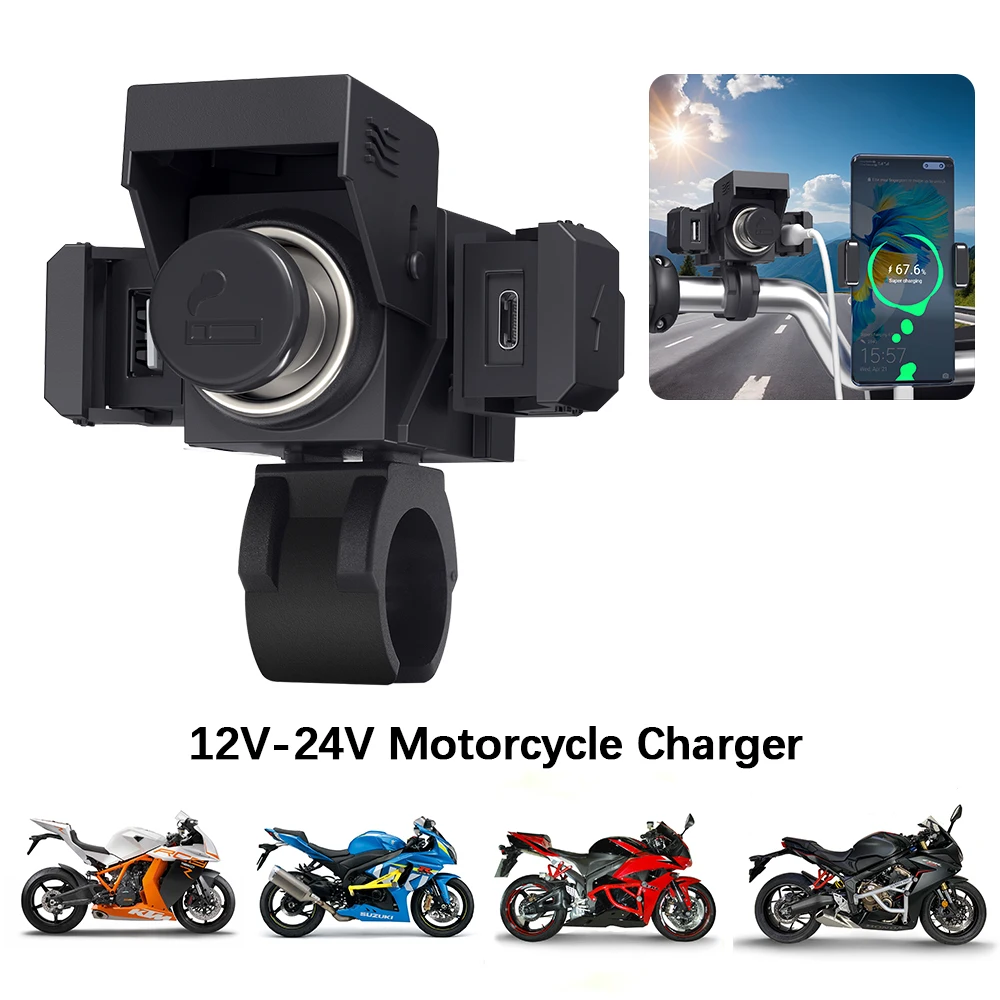 

PD QC3.0 USB Type C Motorcycle Battery Charger Power Socket Intelligent Connector Multifunctional 3-in-1 With Cigarette Lighter