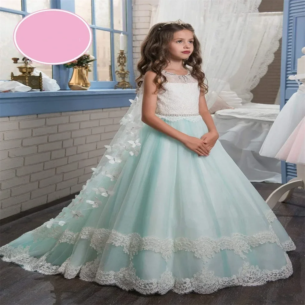 

Elegant White Lace Appliqué Light Blue Dress Christening Banquet Birthday Show Evening FIrst Communion