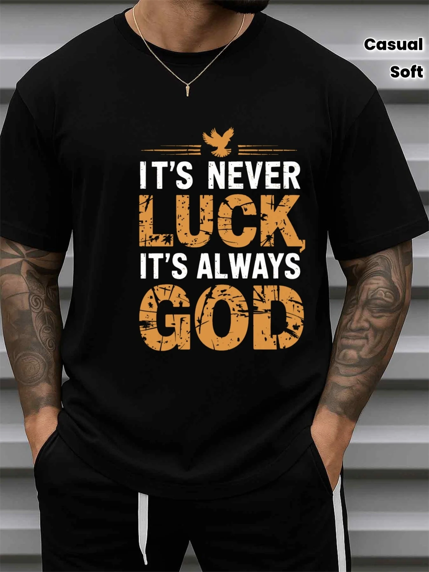 Men's Fun T-Shirt - Never Unlucky, Always Faithful, Faith Design with Cross and Scripture, Soft Round Neck Short Sleeve Casual Church Apparel, Christian Christmas Gift