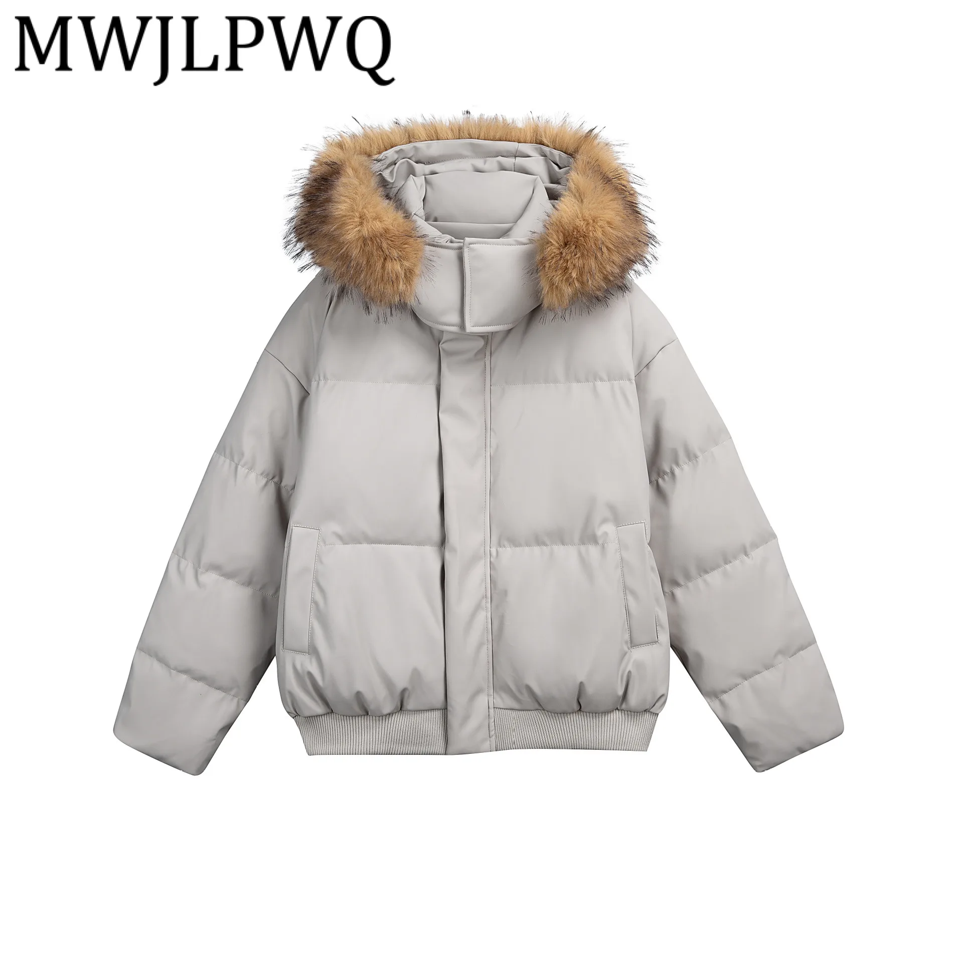 

MWJLPWQ Modish 2025 Winter American Cotton Coats Male Fashion High Street Long Sleeve Fur Collar Versatile Hooded Shot Top 21910
