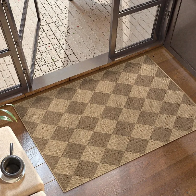 Brown Beige Checkered Diamond Doormat Welcome Heavy Duty Door Mat Entrance Entry Door Rug Indoor Outside Machine Wash Decor Gift