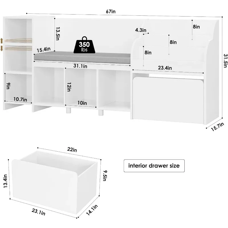 67" Kids Reading Nook with Bench, Kids Bookshelf and Bookcase with Seat Cushion and 6 Storage Cubbies, Toy Storage Box on Wheels