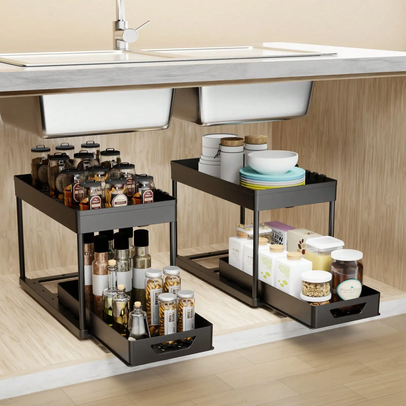 2-Tier Under Sink Organizer with Pull Out Drawers, Slide Out Cabinet Storage Shelf, Double Layer Bathroom Rack for Kitchen, Pantry, Black view 6