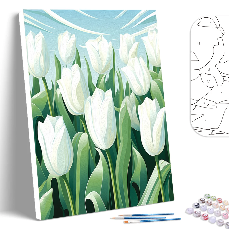 SDOYUNO Oil Painting By Numbers White Tulip Flowers Picture Drawing Diy Crafts Acrylic Paints Framed Wall Art Modern Decorative