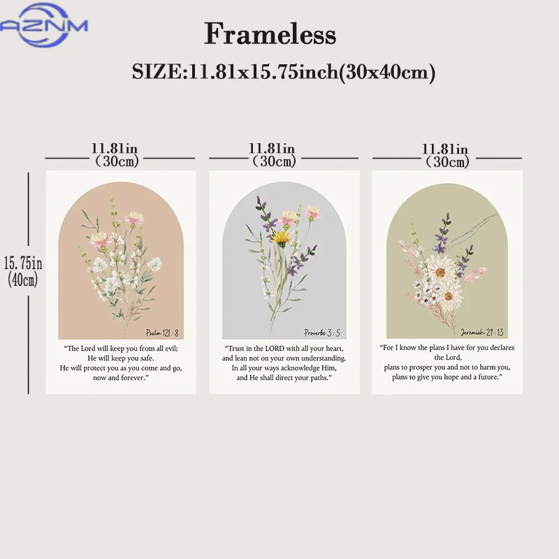 2D/Flat 3pcs Proverbs 3:5 Floral Wall Art, Watercolor Wildflower Scripture Canvas Print, Trust in The Lord Bible Verse Wall De