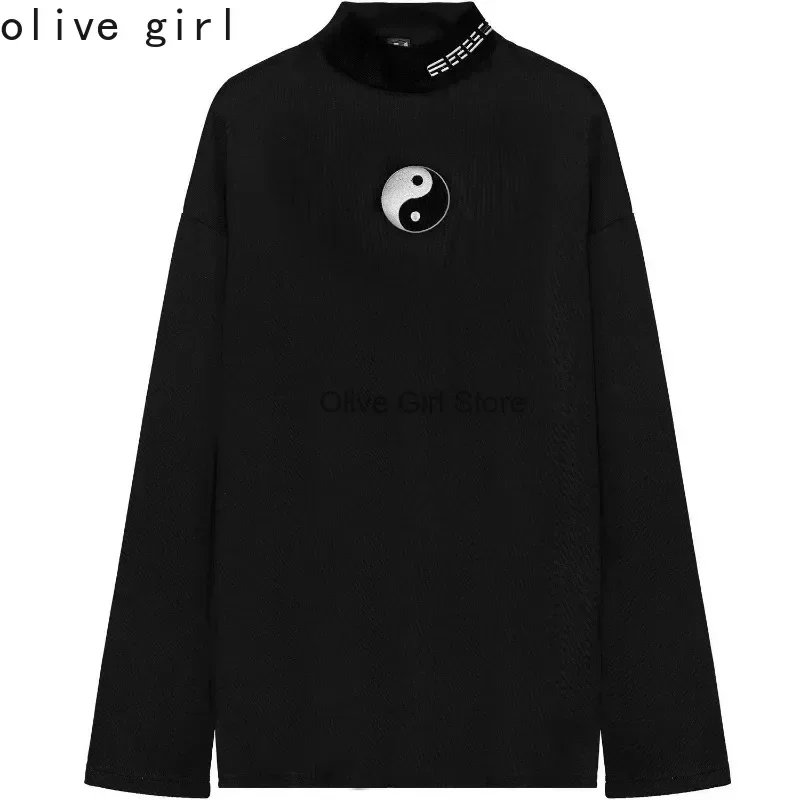 

Chinese T-shirt Fashion Tai Chi Pattern High Neck Embroidered Hoodie Versatile for Couples Casual Loose Long Sleeved T-shirt