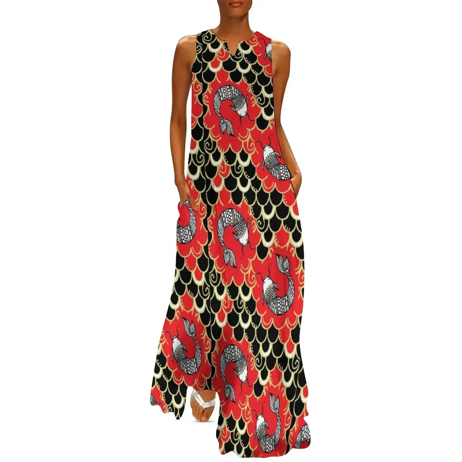 

Persevere /Red-Black Chinoiserie Carp / Koi Fish Long Dress dress for women 2025 women party dresses ceremony dresses Dress