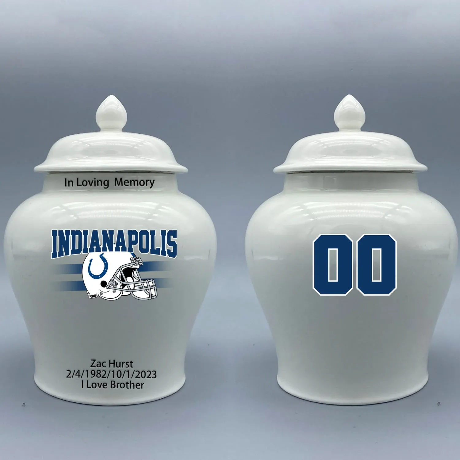 Medium Urn for Indianapolis Colts-themed Logo Urn.Please send me the customize information-name/date and number on the urn