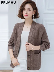 Slim Knit Sweater Cardigan Coat Women Korean Casual Knitwear Jackets New Mom V-neck Malhas Gilet Elegant Single Breasted Casaco