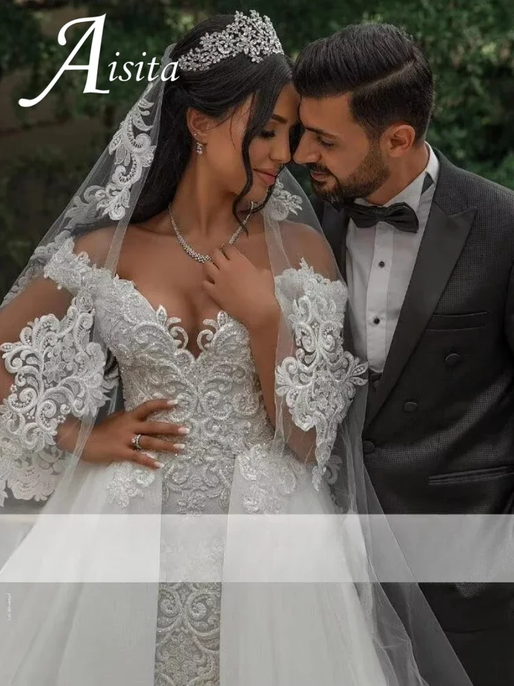 Vintage Mermaid Tulle Wedding Dresses Sweetheart Off The Shoulder Lace Appliqued Bridal Gowns Over skirt Vestido de novia