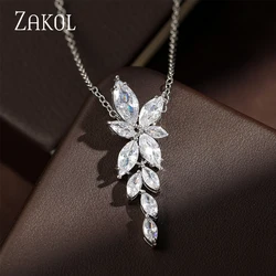 ZAKOL Classic Gorgeous Marquise Zircon Leaf Pendant Necklace for Women Shiny Clear CZ Zirconia Wedding Jewelry Wholesale