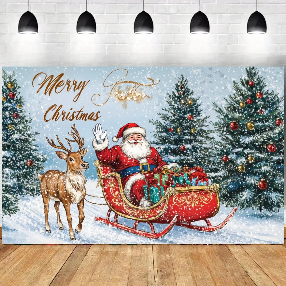 Christmas Backdrops Santa Claus Sleigh Gift Photography Background Banner New Year Christmas Party Decoration Banner Photo Shoot