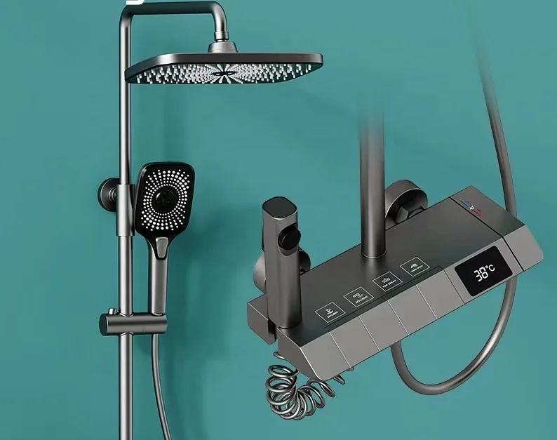 

New Designer Gray Exposed 4-Push Button Piano Key Digital Shower Faucet Mixer 10 Inch Rainfall Jet Soft Rain Head Ceramic