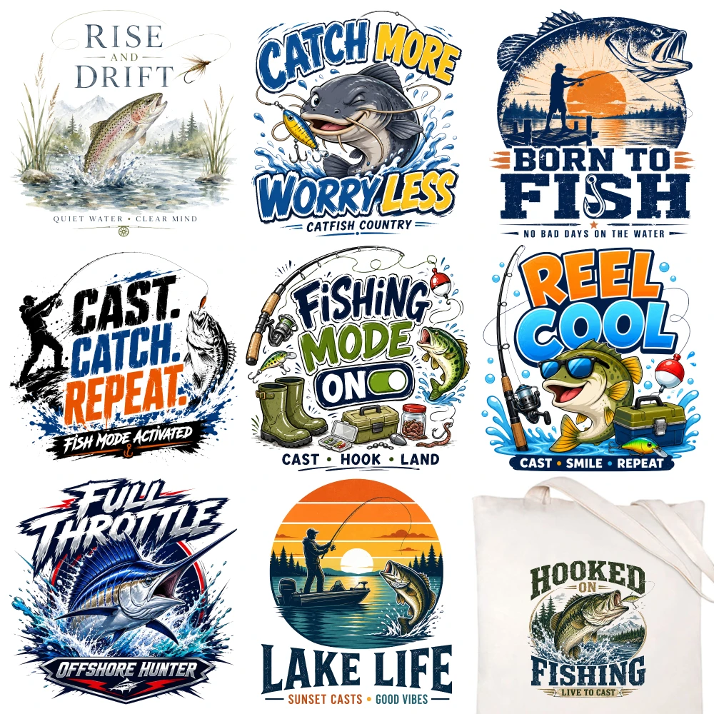 9 Pcs Rise Drift Catch More Born To Fish Cast Catch Repeat Fishing Mode On Reel Cool Full Throttle Lake Life