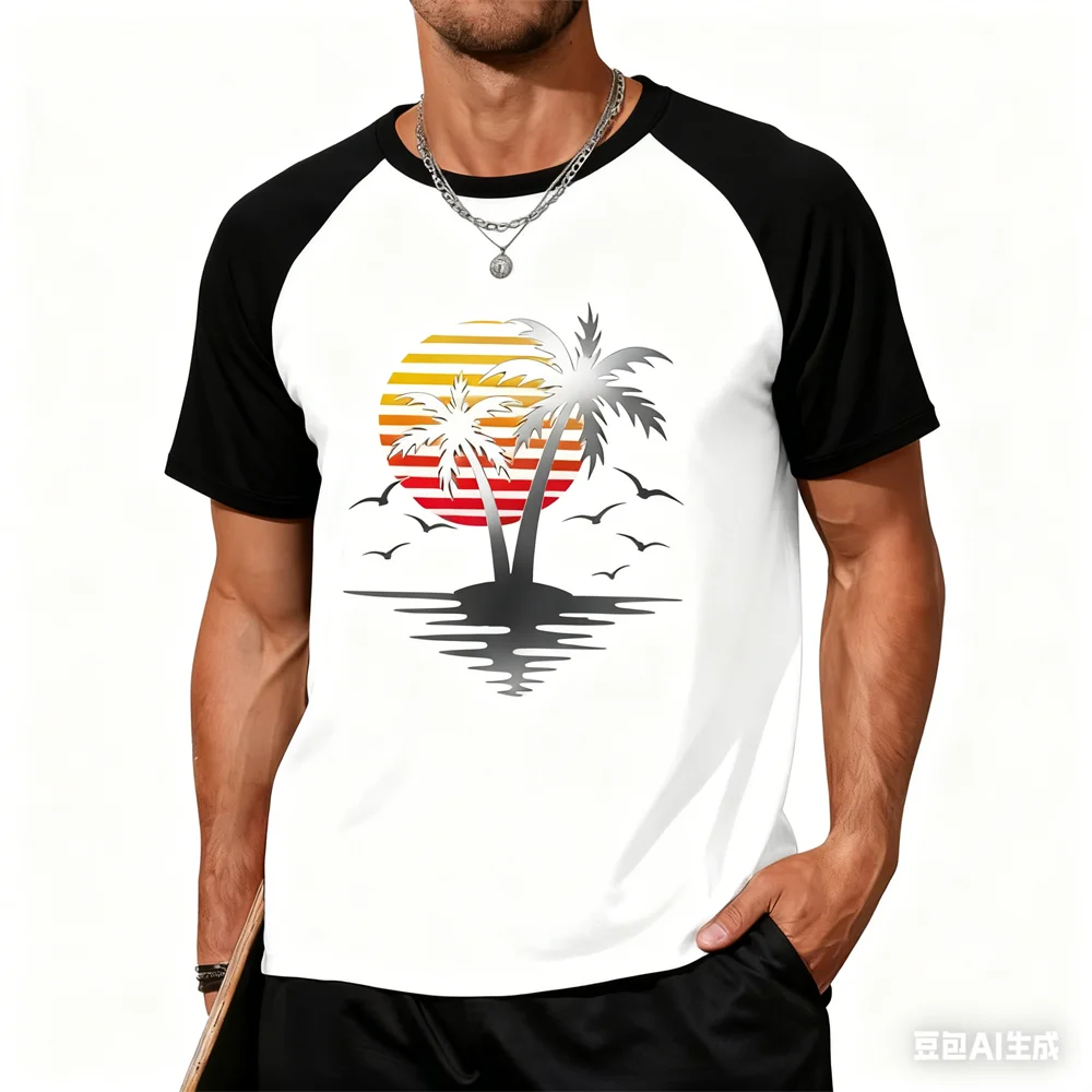 

New Summer Fashion Men's T-Shirt Classic Hawaiian Beach Coconut Tree Printed Extreme Surf Sports Crew Neck Short Sleeve Clothing
