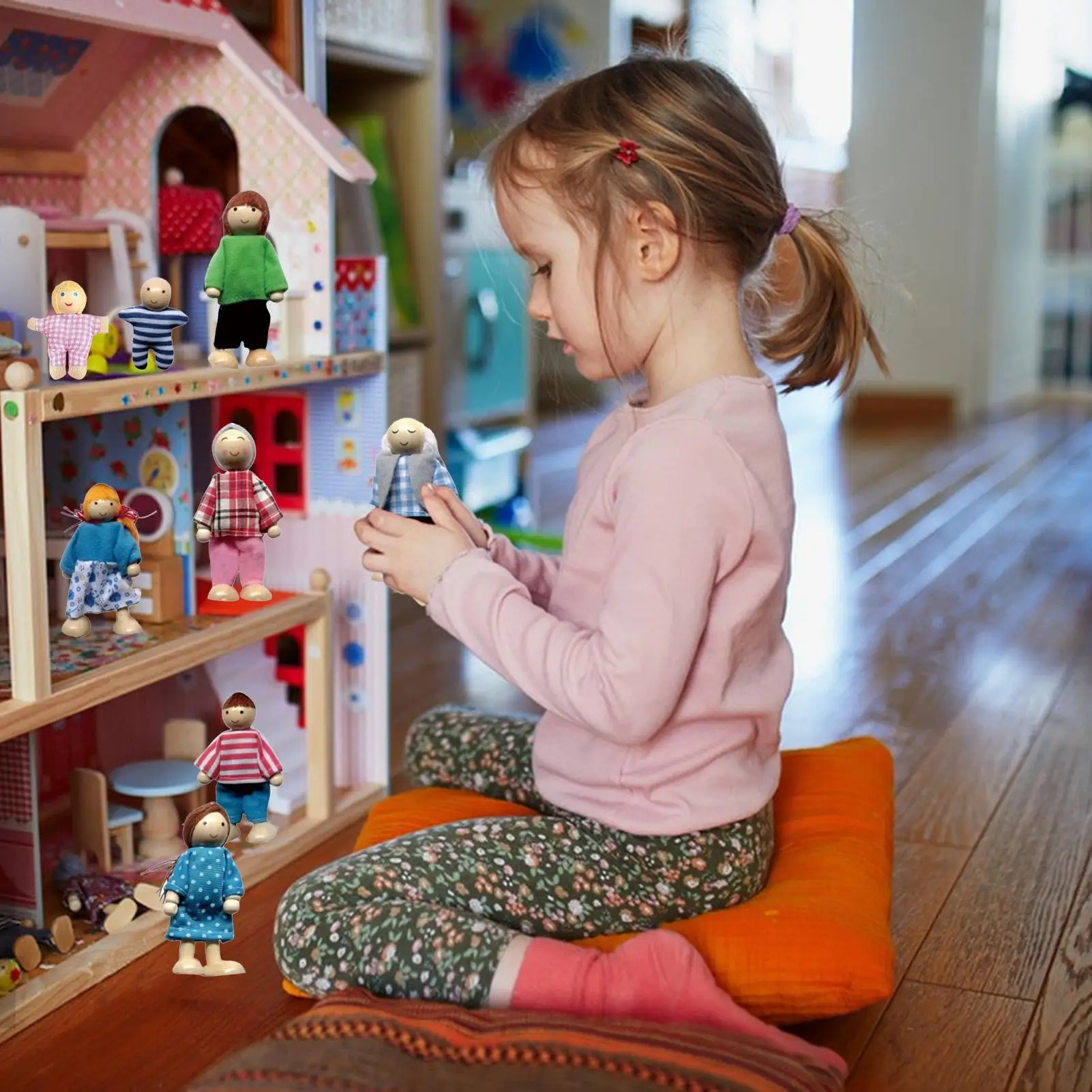 Doll House People 8 Pieces Wood Mini People Figures Bendable Human Dolls for Toddler Bedroom Pretend Play School Home Nursery
