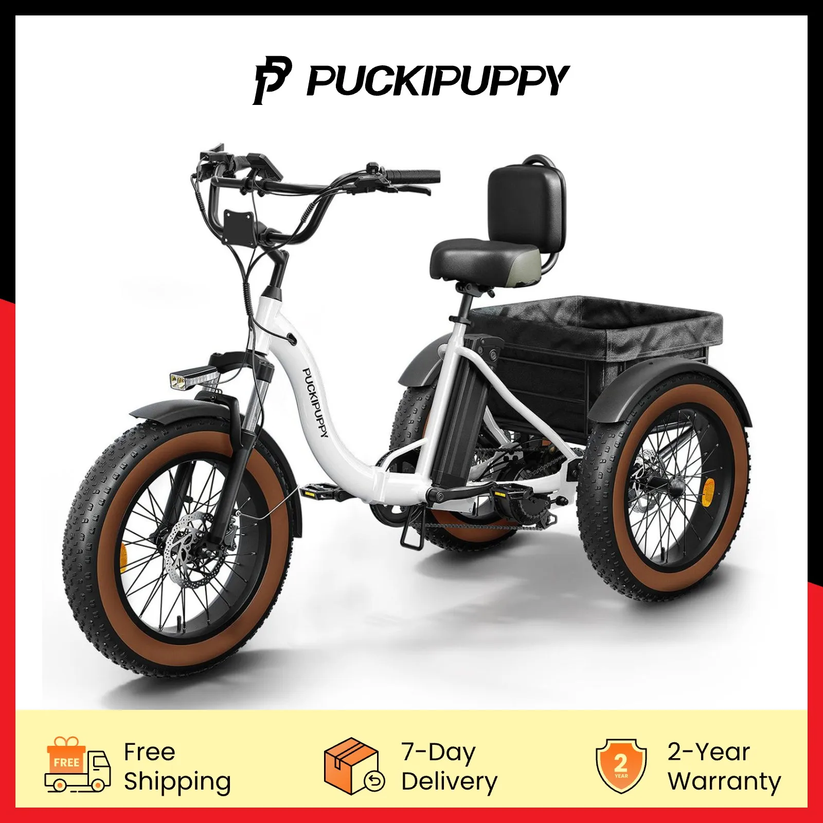 

PUCKIPUPPY Electric Tricycle for Adults 20" Fat Tire 3 Wheel Electric Trike 960W 48V 648Wh Cargo Tricycle with Basket Ebike