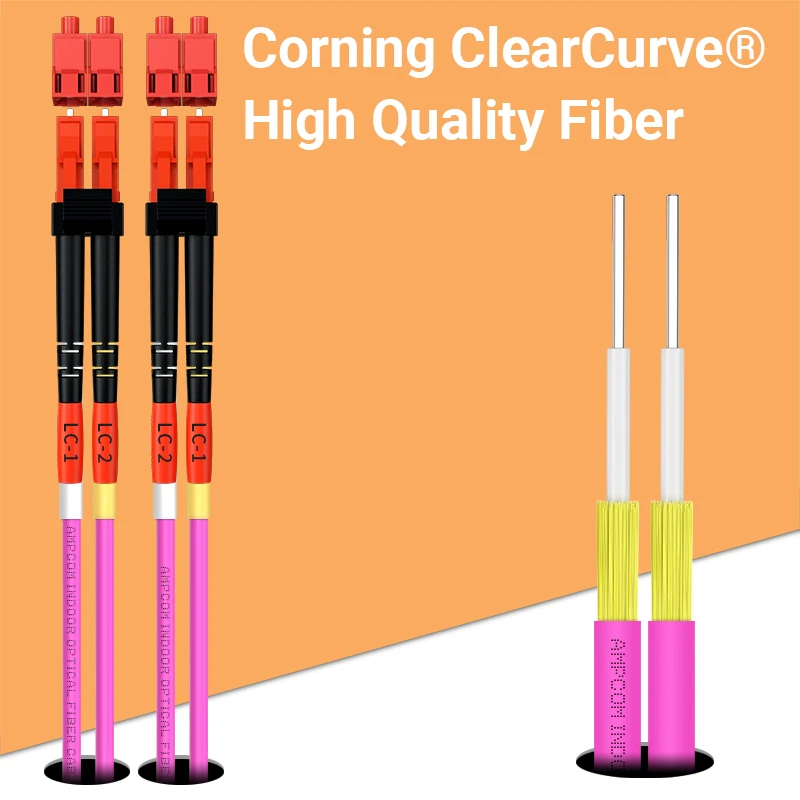 AMPCOM OM4 LC ถึง LC UPC สายแพทช์ไฟเบอร์ออปติก Multimode Duplex MMF 50/125μm 40Gbps Bend Insensitive 2.0 มม. สายไฟเบอร์ออปติก