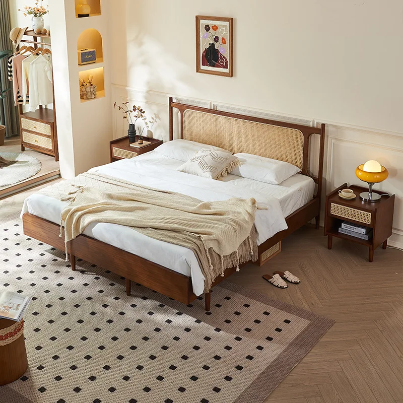 

Solid wood bed New Chinese black walnut rattan bed French retro homestay
