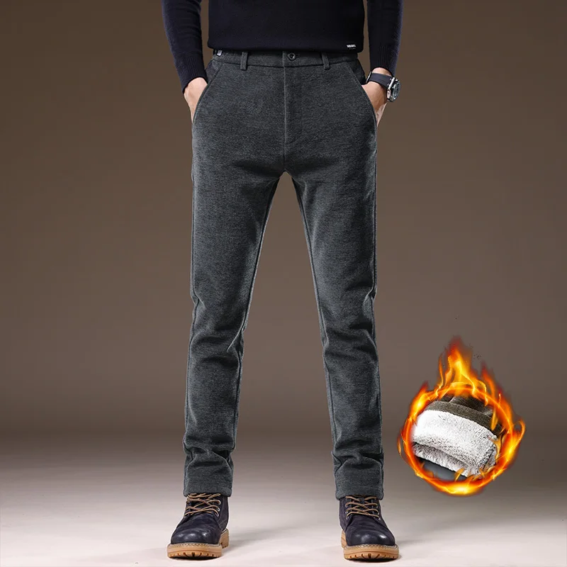 Casual Pants Men Winter New Fleece Business Elastic Waist Slim Korean Warm Thick Brushed Plush Trousers Male 28-38
