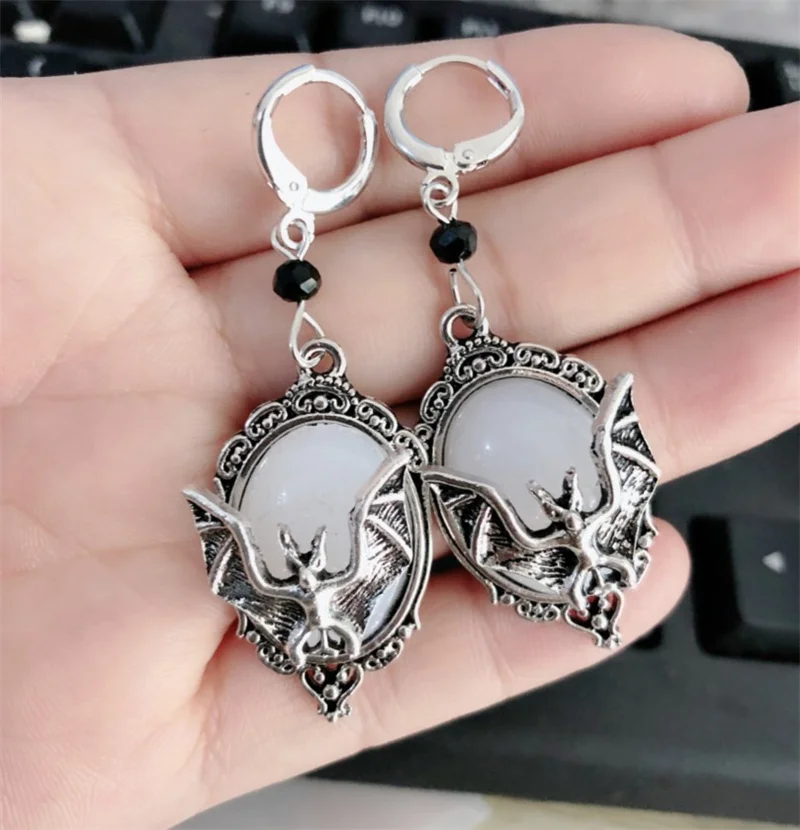 Gothic Vampire Bat Sweater Necklace Silver Plated Framed Bat Cameo Necklace Halloween Witch Crystal Necklace Gift for Bat Lover