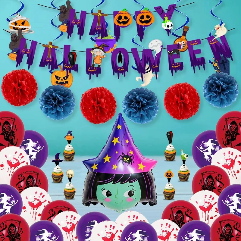 

New Halloween Theme Party Balloons Kit Horror Witch Spider Blood Hand Printed Foil Balloon Halloween Party Decorations Supplies