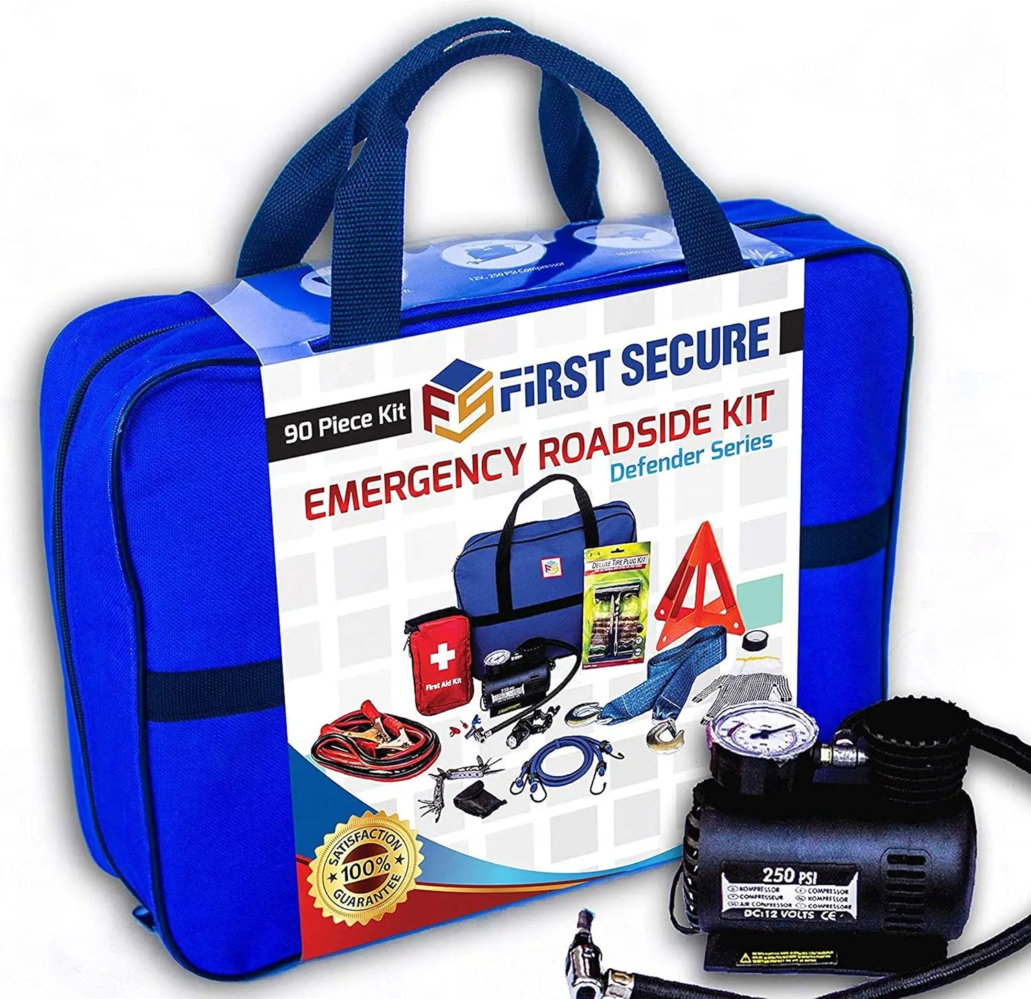 

Car Emergency Kit with Air Compressor, Jumper Cables, First Aid, Tow Strap, Tire Gauge, Headlamp - Roadside Safety for All