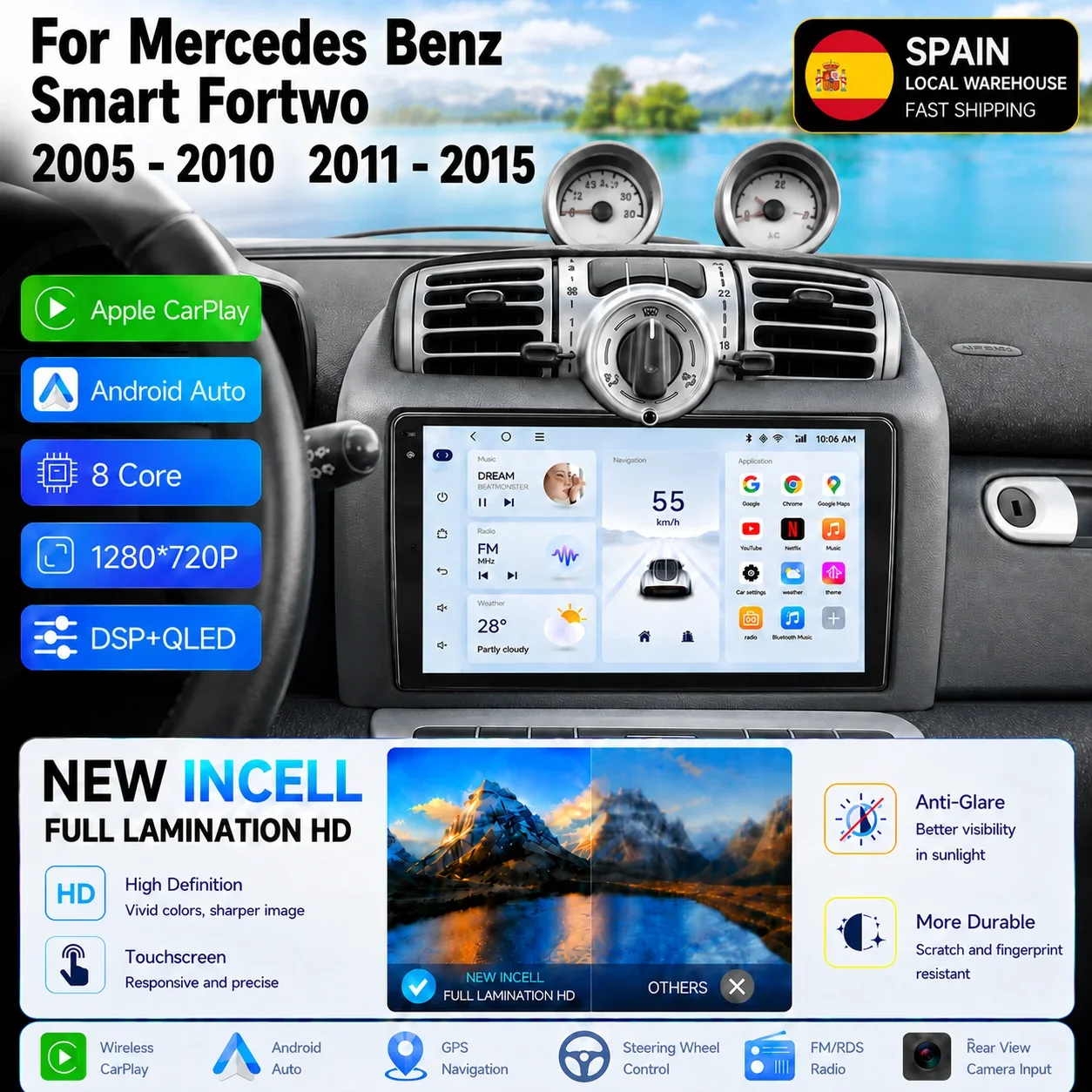 Android 14 Autoradio für Mercedes Benz Smart Fortwo 451 2005-2015 Head Unit 2 DIN 5G GPS 5G WIFI Multimedia Stereo Videoplayer