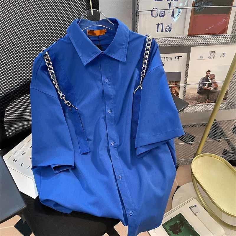 

EBAIHUI Vintage Chain Splicing Short Sleeved Shirt Summer Loose Japanese Patchwork Men's Blouse New Work Blusas Casual Top