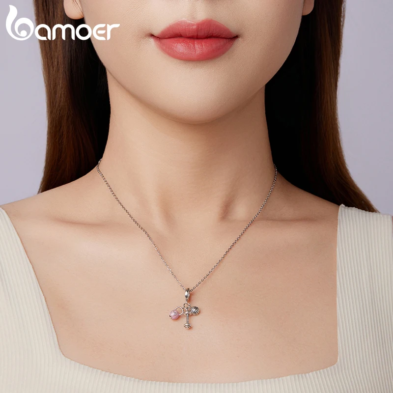 BAMOER 925 Sterling Silver Charm Pink Sport Ball Dumbbe Pendant Healthy Teeth Beads Fit Original Bracelet DIY Jewelry Crafts