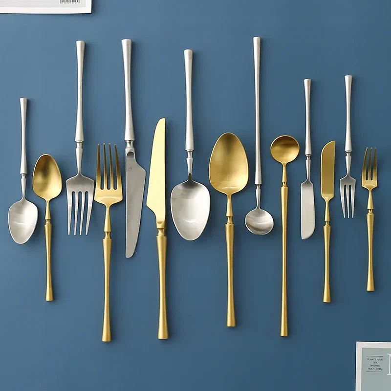 Matte Gold Silver 18/10 Stainless Steel Luxury Cutlery Tableware Knife Coffee Spoon Fork Chopsticks Flatware Set Dishwasher Safe