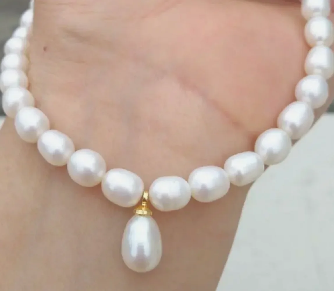 

Natural Authentic AAAA Akoya White Baroque Pearl Necklace+Pendant 14k 10-12mm