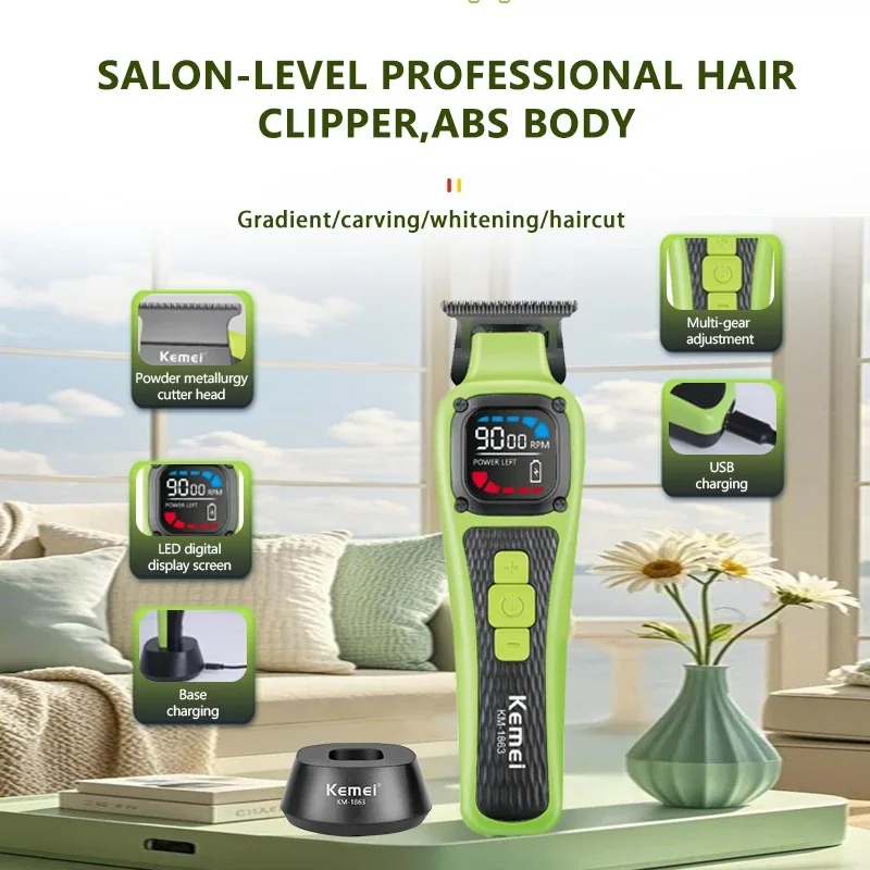 Kemei Cordless Rechargeable Men Hair Trimmer Professional Barber Finish Hair Cutting Machine 9000rpm Zero Gapped Hair Clippers