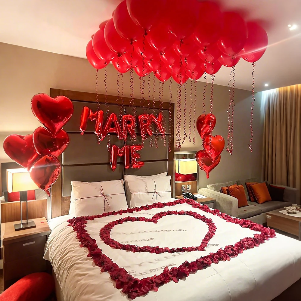 مجموعة بالونات حمراء للزواج مني، محاكاة بتلات الورد، بالون على شكل قلب، ديكور اقتراح اعتراف عيد الحب