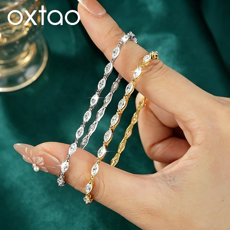 OXTAO 3x6mm Marquise Cut Moissanite Tennis Bracelet for Women D Color Dainty Adjustable Hand Chain Trendy Jewelry 14K Gold Fille