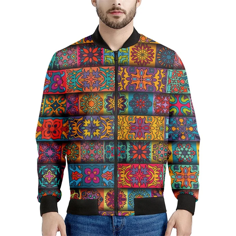 Retro Bohemian 3d Printed Jacket Men Colorful Ethnic Floral Sweatshirts Long Sleeves Spring Autumn Bomber Zipper Coats Tops