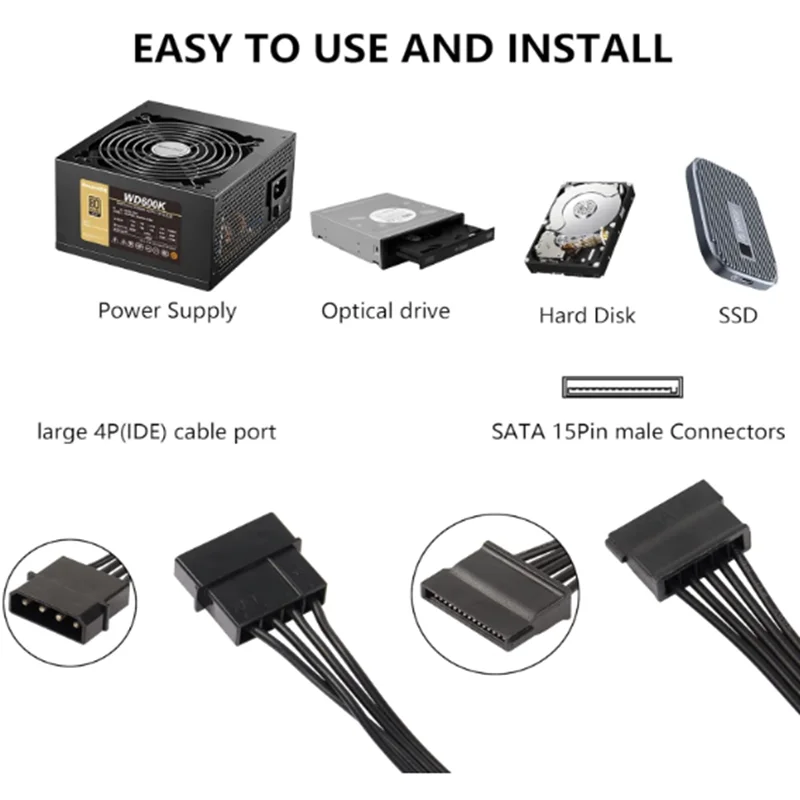 4 Pin IDE to 1/2/3/4/5/6 x 15 Pin SATA Female Splitter Power Supply Cable Converter to SATA Extension Cable for DIY PC Server