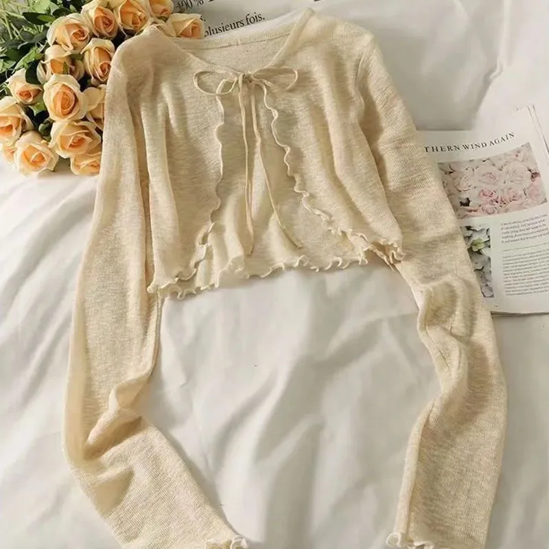 2025 Summer Women Thin Sunscreen Cardigan Solid Color Bow Lace Up Long Sleeve Crop Top Woman Korean Style Sun Protected Knitwear