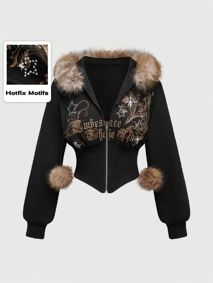

Black Cropped Hoodie with Faux Fur Trim, Vintage Floral Rhinestone Embellishment