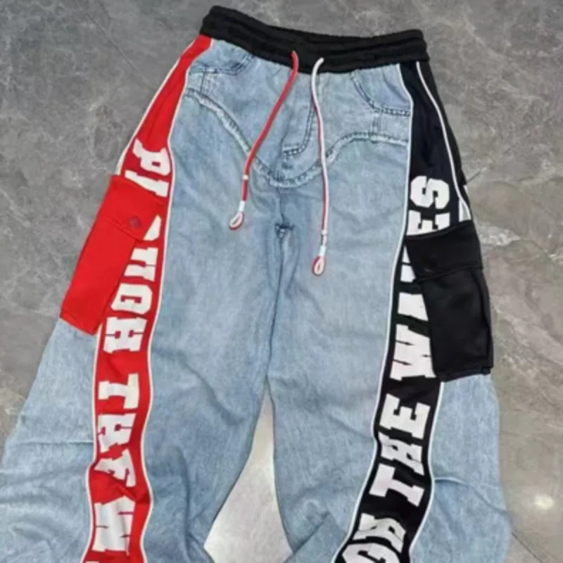 ANJY ฤดูใบไม้ร่วงใหม่ผู้หญิง Chic Streetwear DENIM Patchwork Letter พิมพ์ Drawstring Elastic เอวกางเกงสไตล์ตรงกางเกงยีนส์ A7709