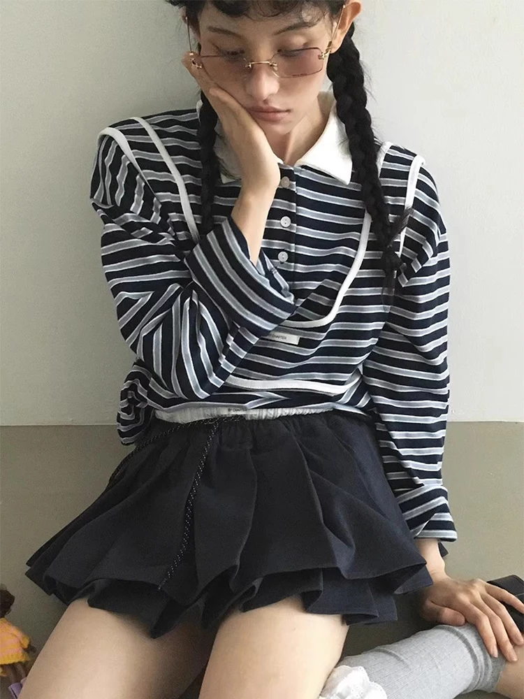 세련된 가을 빈티지 프레피 스트라이프 롱 Sve T-irt 여성 + 레이어드 버튼 업 오르트 조끼 Faionable Ensemble